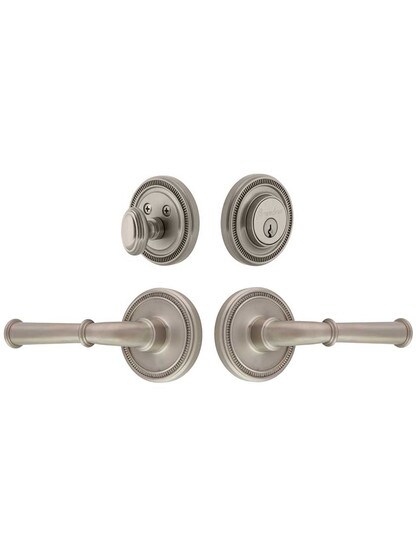 Grandeur Soleil Entry Door Set, Keyed Alike with Georgetown Levers Left Handed in Satin Nickel.